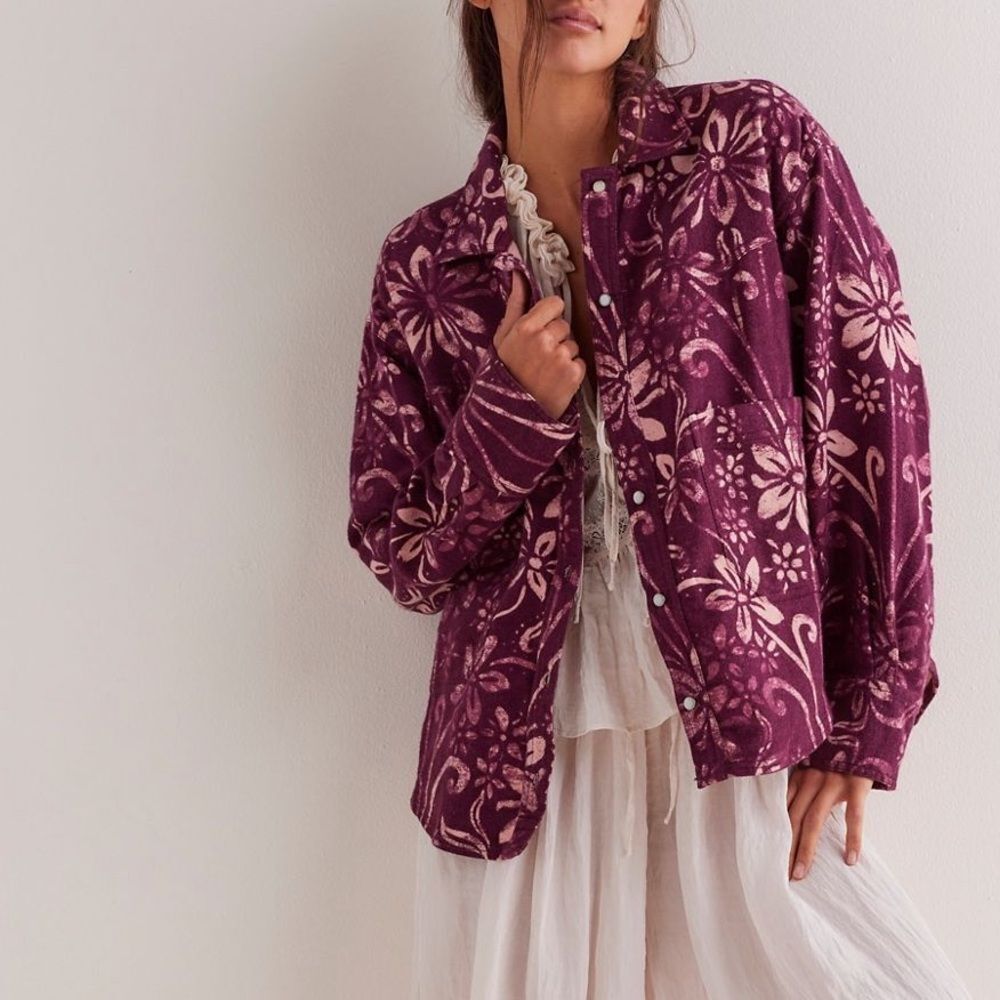 Free People We the Free Calico Floral Print Flannel Shirt Wine Combo NWOT